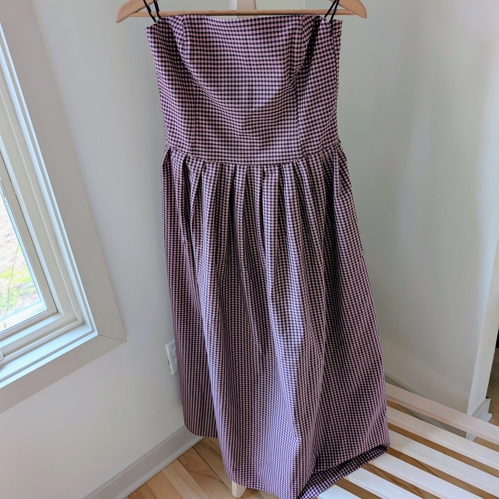 NWT Zara Strapless Gingham Patterned Midi Dress in Burgundy/White - S - Picture 11 of 16